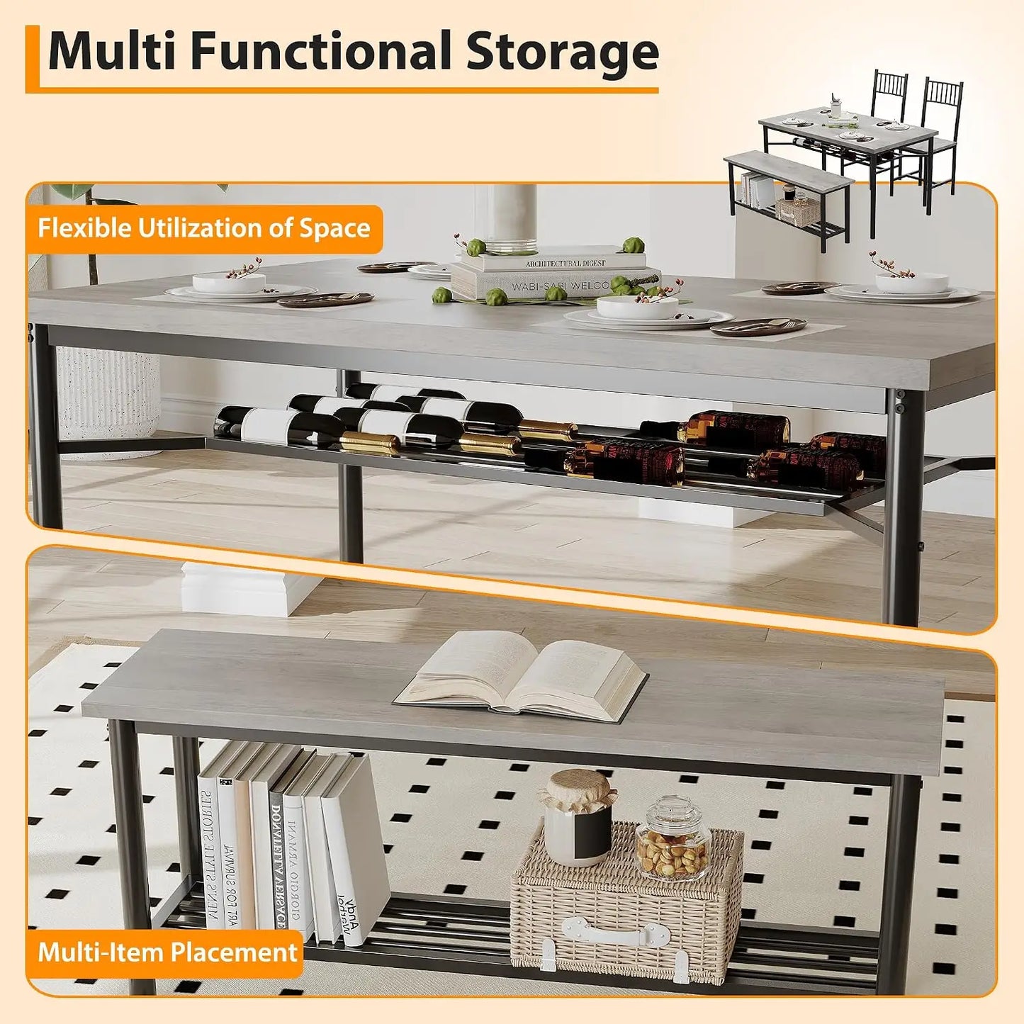 Dining Table Set For 4 With Bench And 2 Chairs 2-Tier Storage Shelf Space-Saving Kitchen Table For Breakfast Nooks Small Apartments by S And B Enterprise
