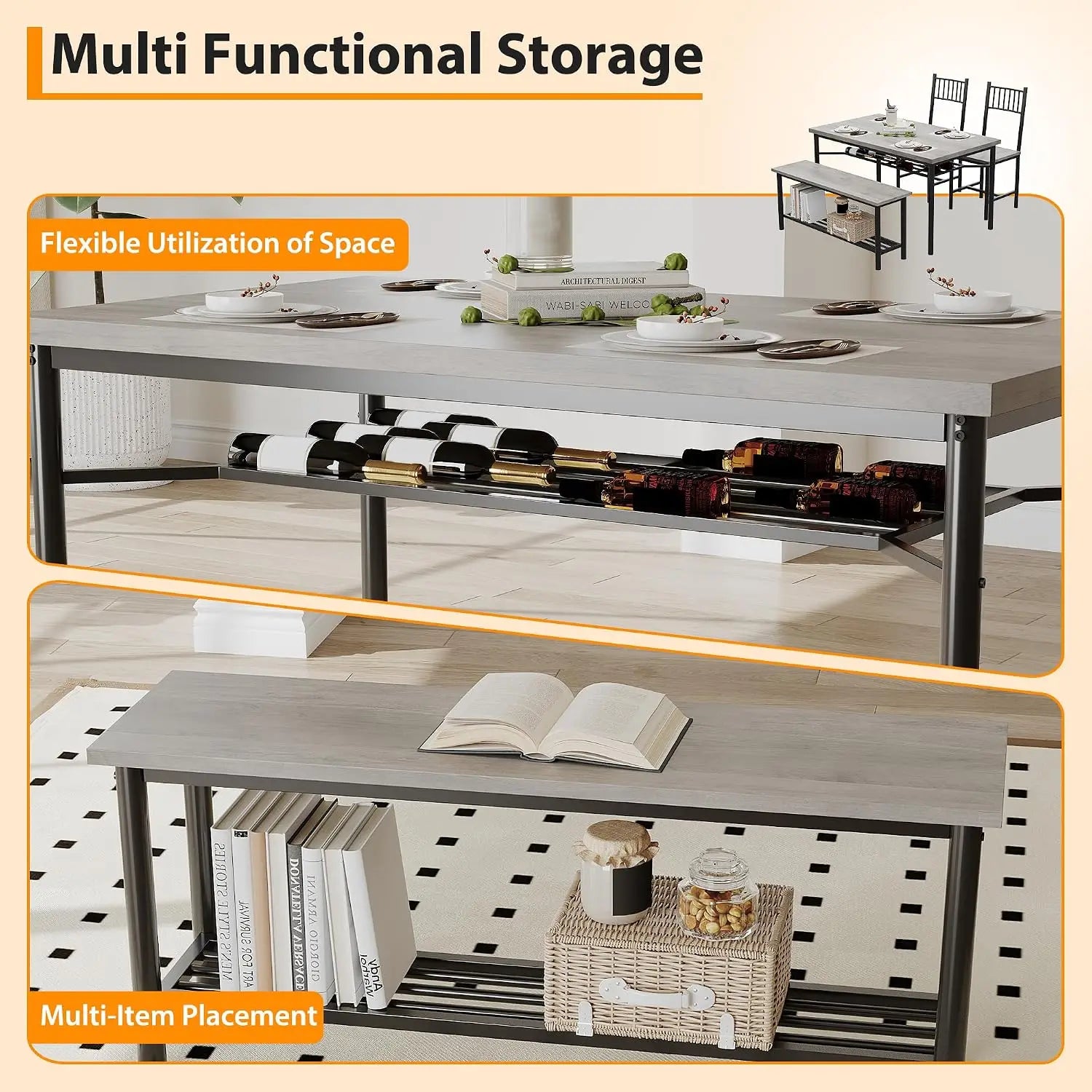 Dining Table Set For 4 With Bench And 2 Chairs 2-Tier Storage Shelf Space-Saving Kitchen Table For Breakfast Nooks Small Apartments by S And B Enterprise
