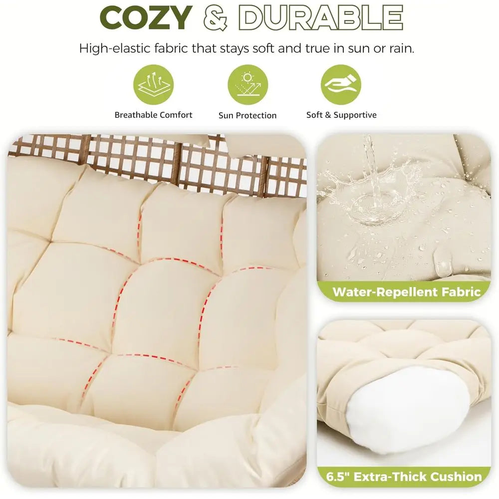 Oversized 2-person egg chair wicker loveseat with water-repellent cushions, beige rattan frame by S And B Enterprise