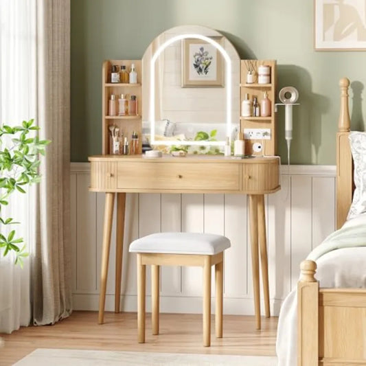 Vanity Desk With Mirror Lights And Power Outlet Storage