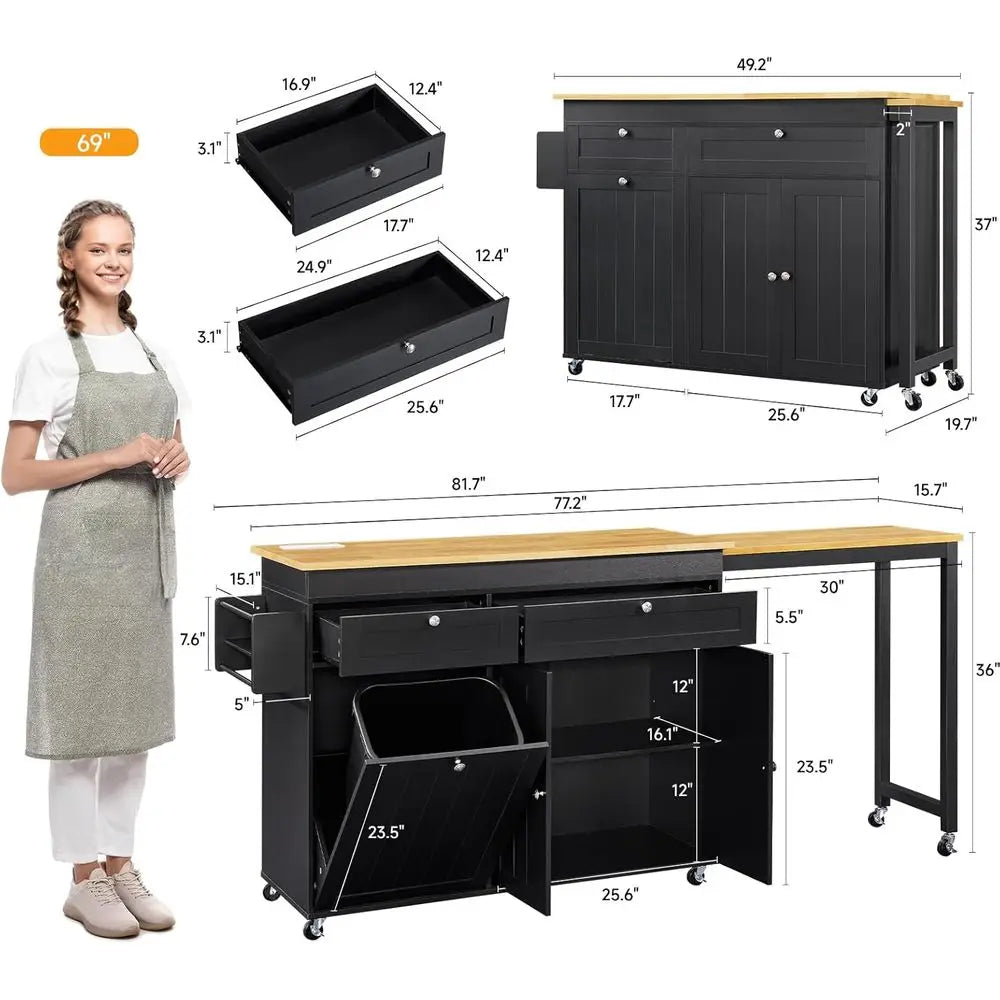 Expandable Kitchen Island With Extendable Dining Table And Storage