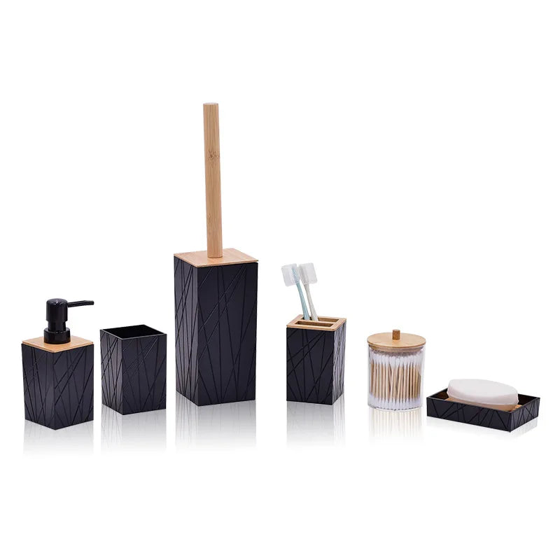 Six-piece bathroom set in black geometric finish with bamboo lids; dispenser, toothbrush holder, cup, and soap dish.
