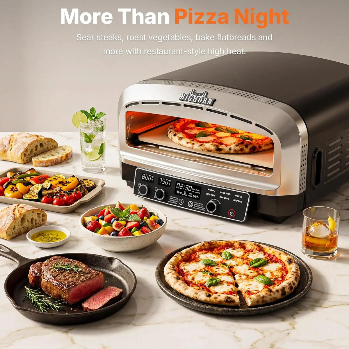 Electric countertop pizza oven with BigHorn logo; 14-inch capacity, reaches 850°F with a pizza stone included