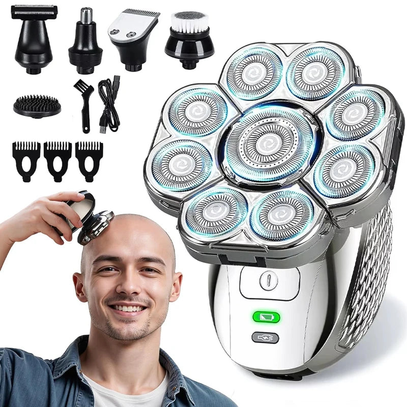 4D Head Shavers for Bald Men, Upgraded 9 Floating Heads 6-in-1 Rechargeable Waterproof Wet Dry Bald Head Shavers for Men