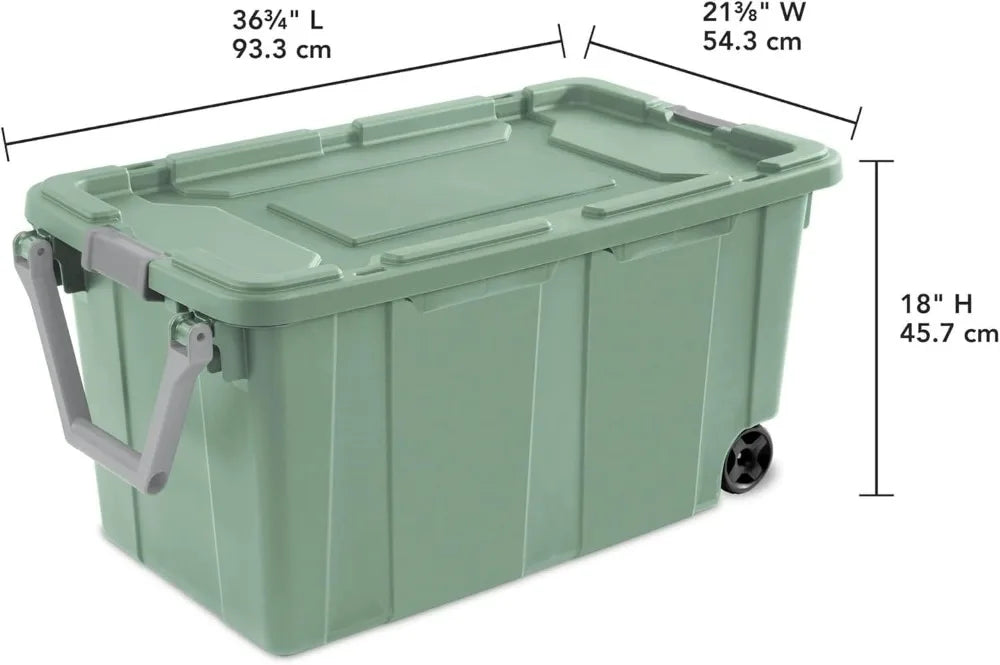 Wheeled storage tote Sage green; plastic bin with lid and gray handles
