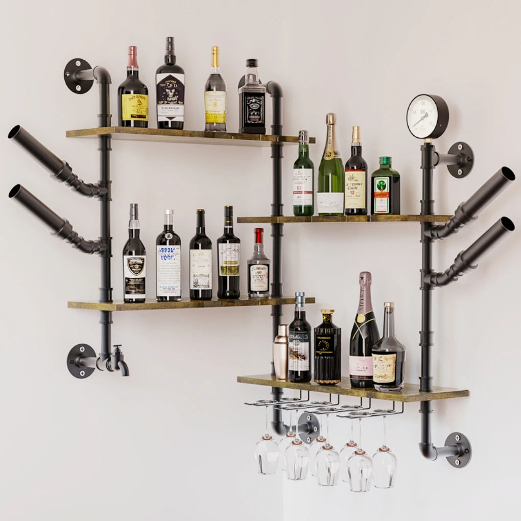 Pipe Bar Liquor Shelf with three wood shelves and wine-glass holder, black wall-mounted industrial pipe display.