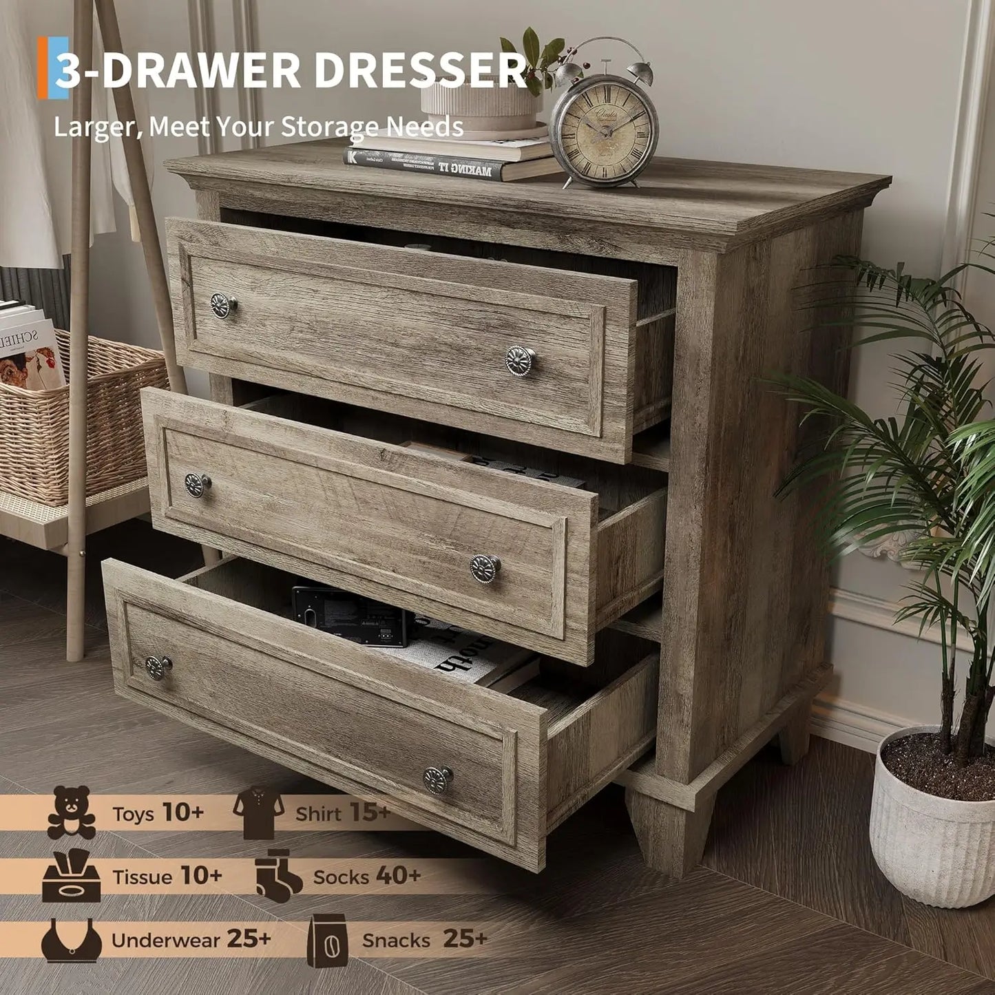 HiMISS 3 Drawer Dresser Wood Storage Chest With Metal Handles