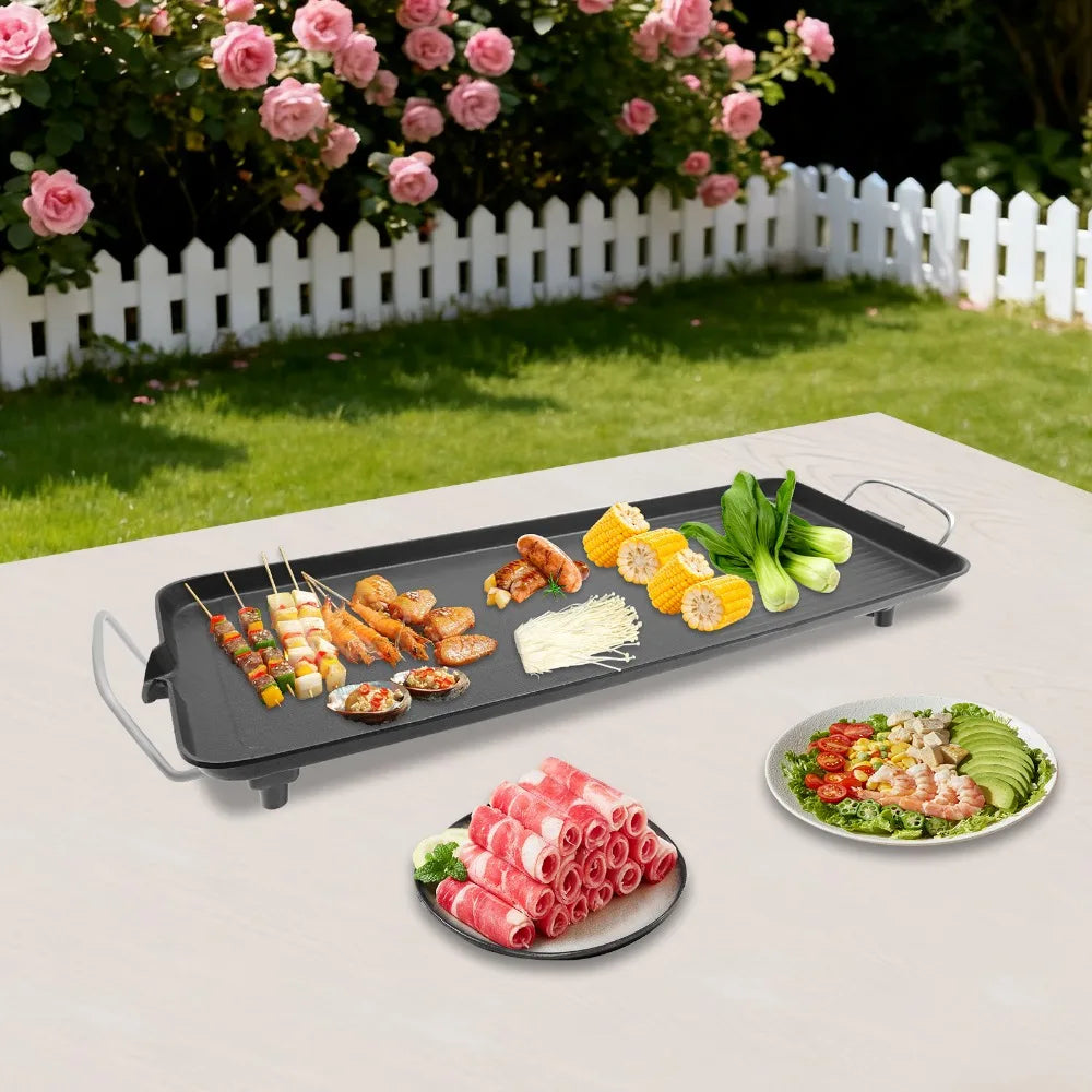 Electric griddle grill with non-stick aluminum surface, 68x28 cm, for versatile outdoor grilling