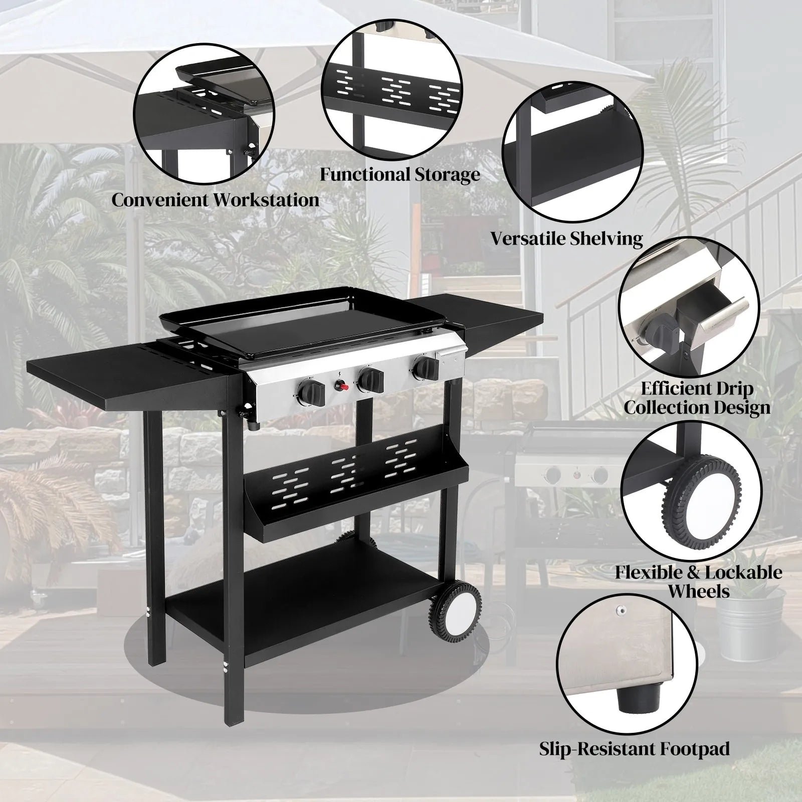 34" Outdoor Griddle Station with Side Shelf, 3 Burner Flat Top Gas Grill Propane by S And B Enterprise