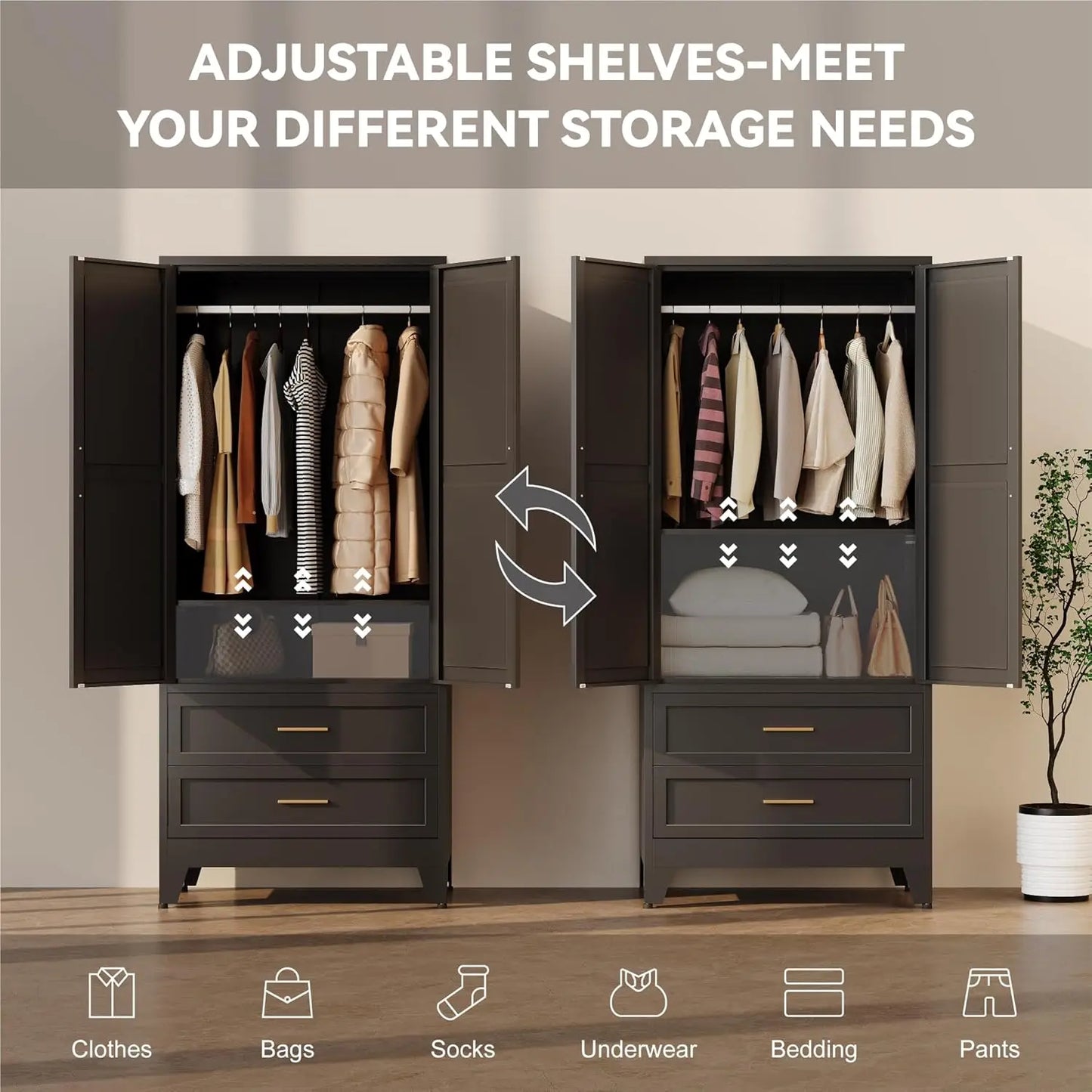 Steel Wardrobe Cabinet With Hanging Rod And Adjustable Shelves