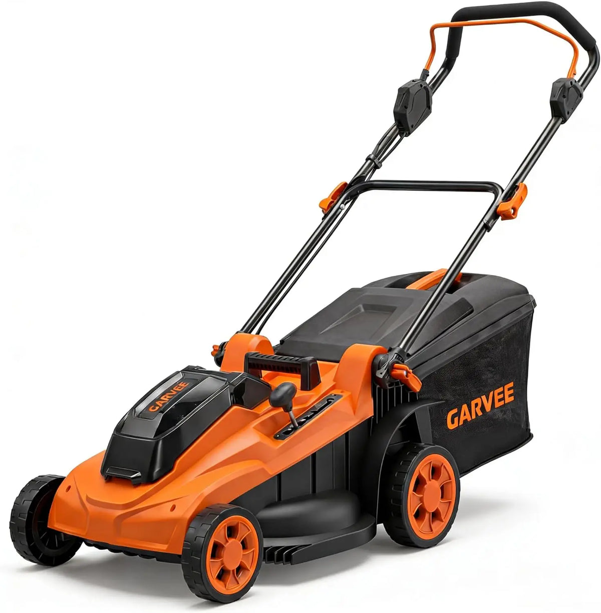 17-inch cordless lawn mower with foldable handle, orange and black body, Garvee grass bag visible