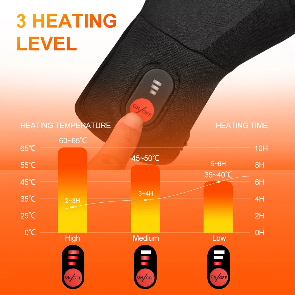 Rechargeable heated gloves by S And B Enterprise; black waterproof touchscreen motorcycle/ski gloves with 3 heating levels