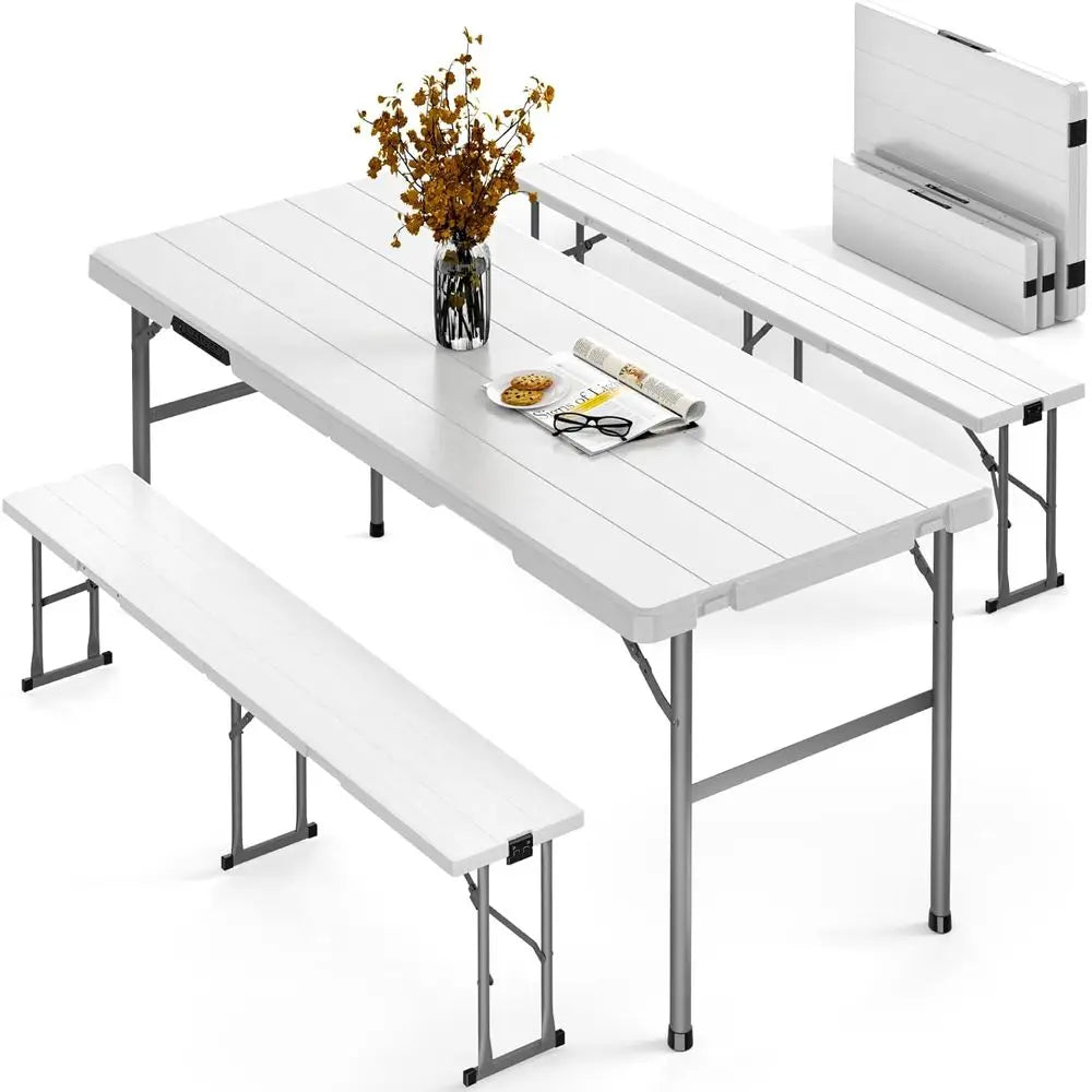 White 6-piece outdoor folding table and bench set with gray metal frames for picnics and camping