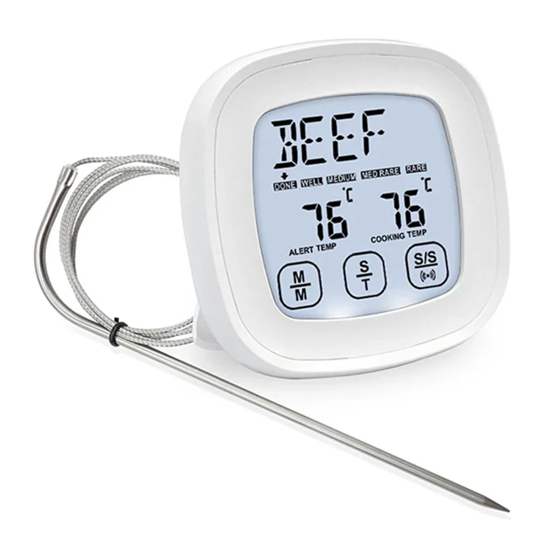BBQ digital meat thermometer with white housing and stainless steel probe