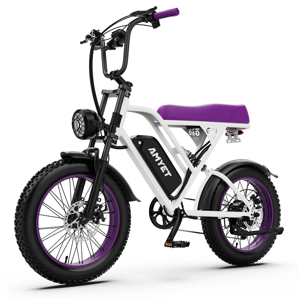 AMYET V9-G60 adults electric bike, white frame with purple accents