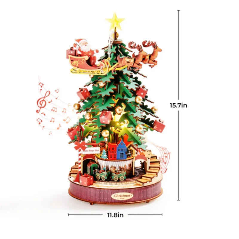 Robotime 3D wooden Christmas tree music box puzzle with Santa sleigh, by S And B Enterprise