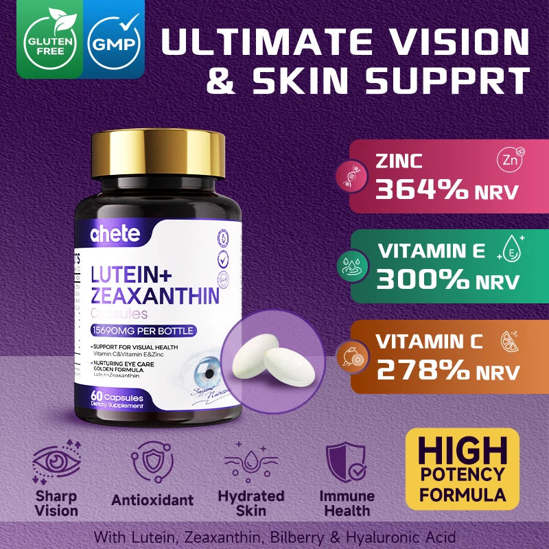 AHETE Lutein supplement bottle by S And B Enterprise, 60 capsules, gold cap