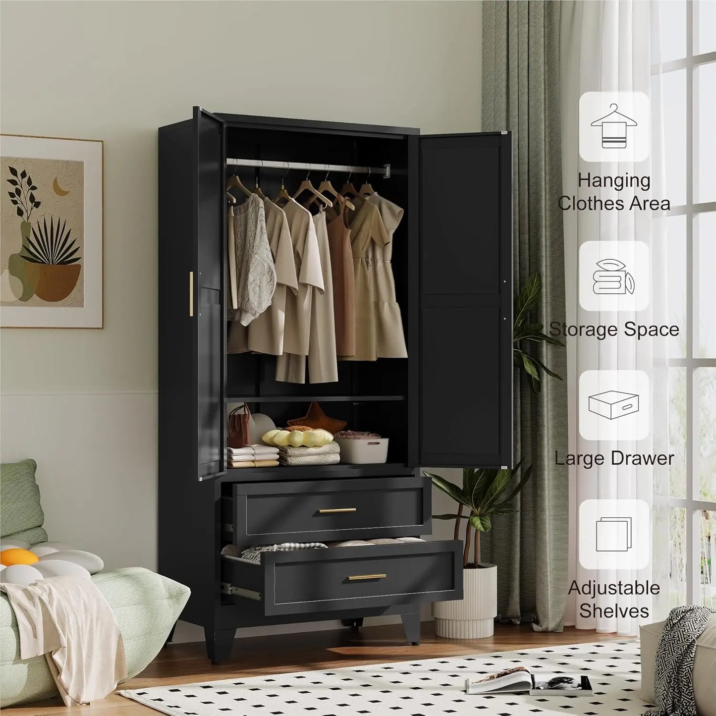 Steel Wardrobe Cabinet With Hanging Rod And Adjustable Shelves