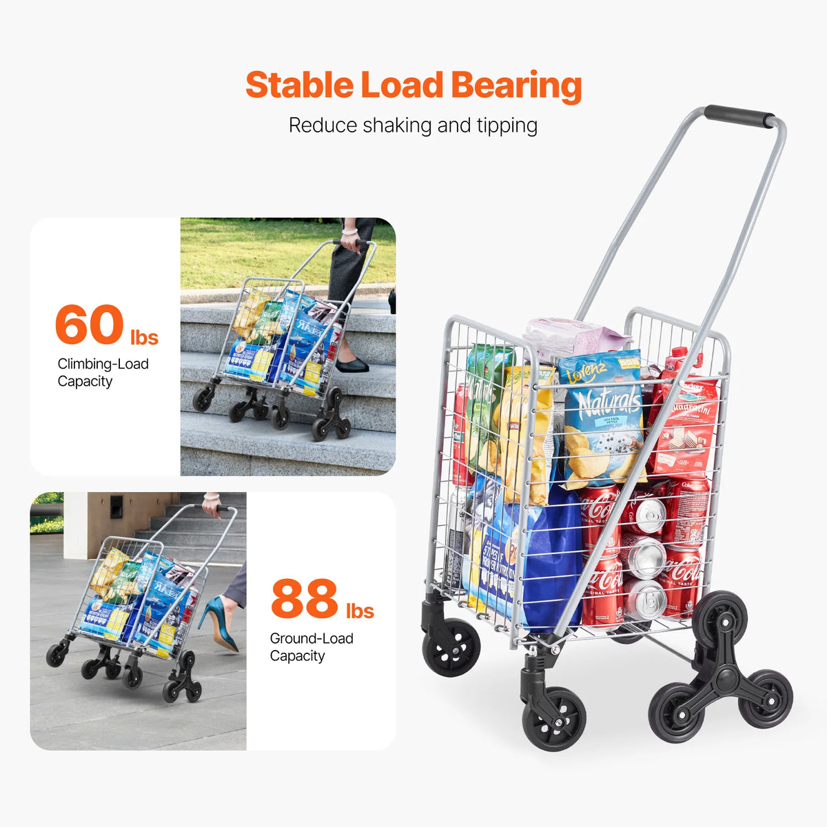 Folding shopping cart with gray metal frame and four wheels, 88 lbs ground-load capacity, loaded with groceries