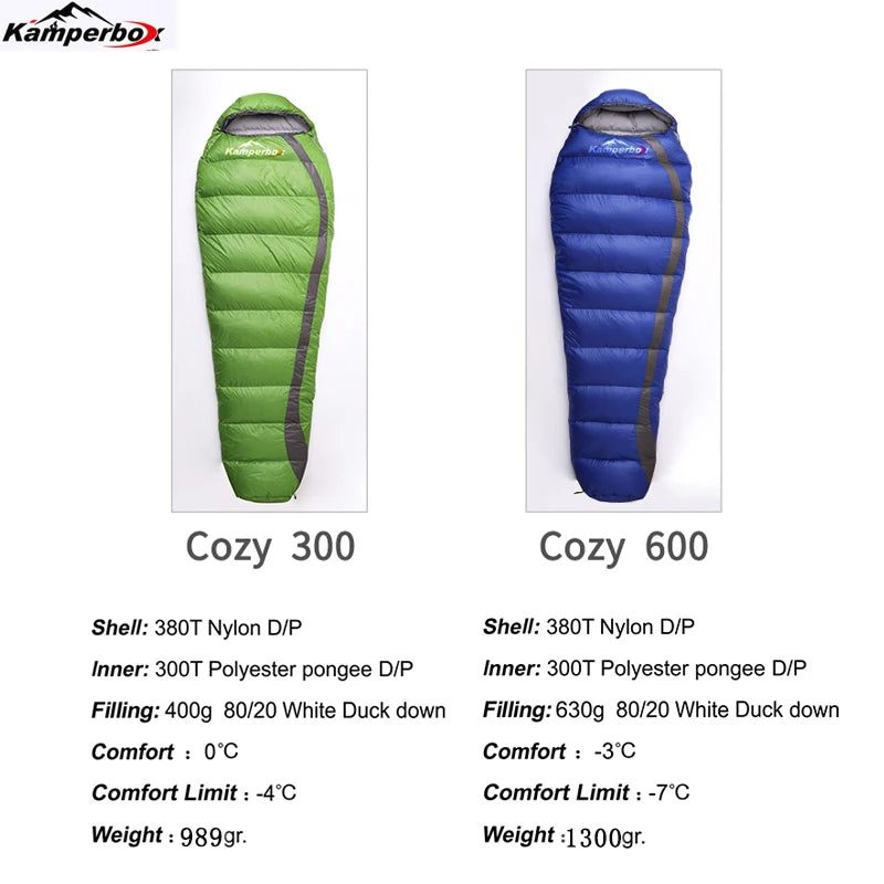 Kamperbox Cozy sleeping bags, two: green Cozy 300 and blue Cozy 600, ultralight down camping gear