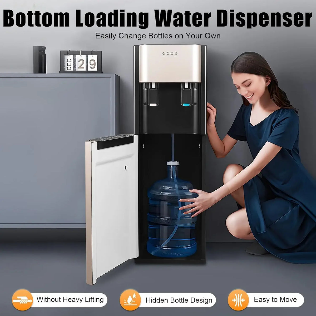 S And B Enterprise 5-Gallon Bottom-Loading Water Dispenser with hot and cold taps, freestanding black stainless unit.