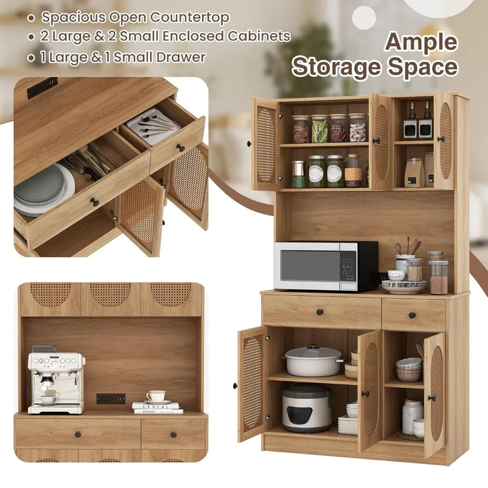 Kitchen Hutch, 71" Tall Boho Pantry Cabinet w/Charging Station, Microwave Countertop, 6 PE Rattan Door, 2 Drawer, Customized by S And B Enterprise