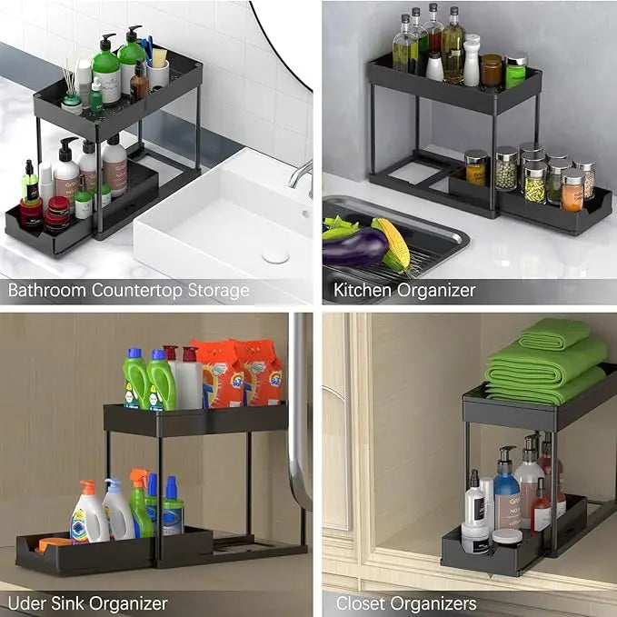 2-Tier Sliding Under-Sink Organizer by S And B Enterprise with 5 hooks and 3 detachable baskets, rustproof metal rack