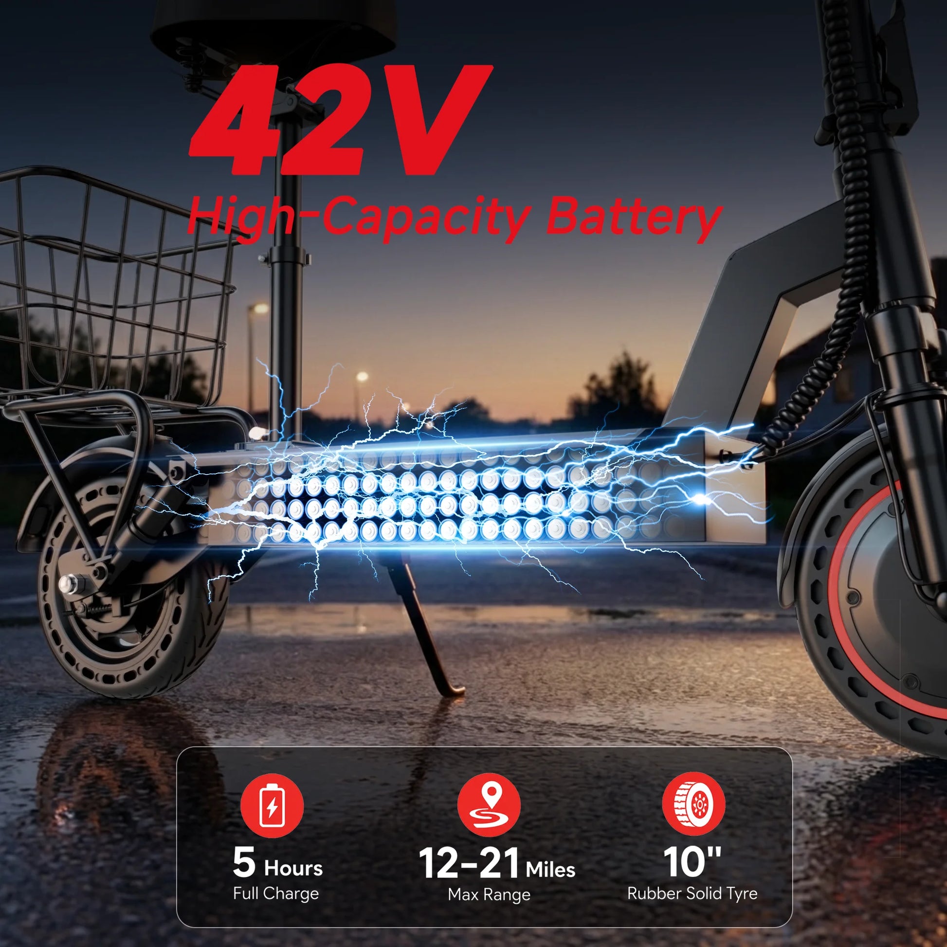 Electric bicycle with front basket and 10-inch solid tires, 42V high-capacity battery