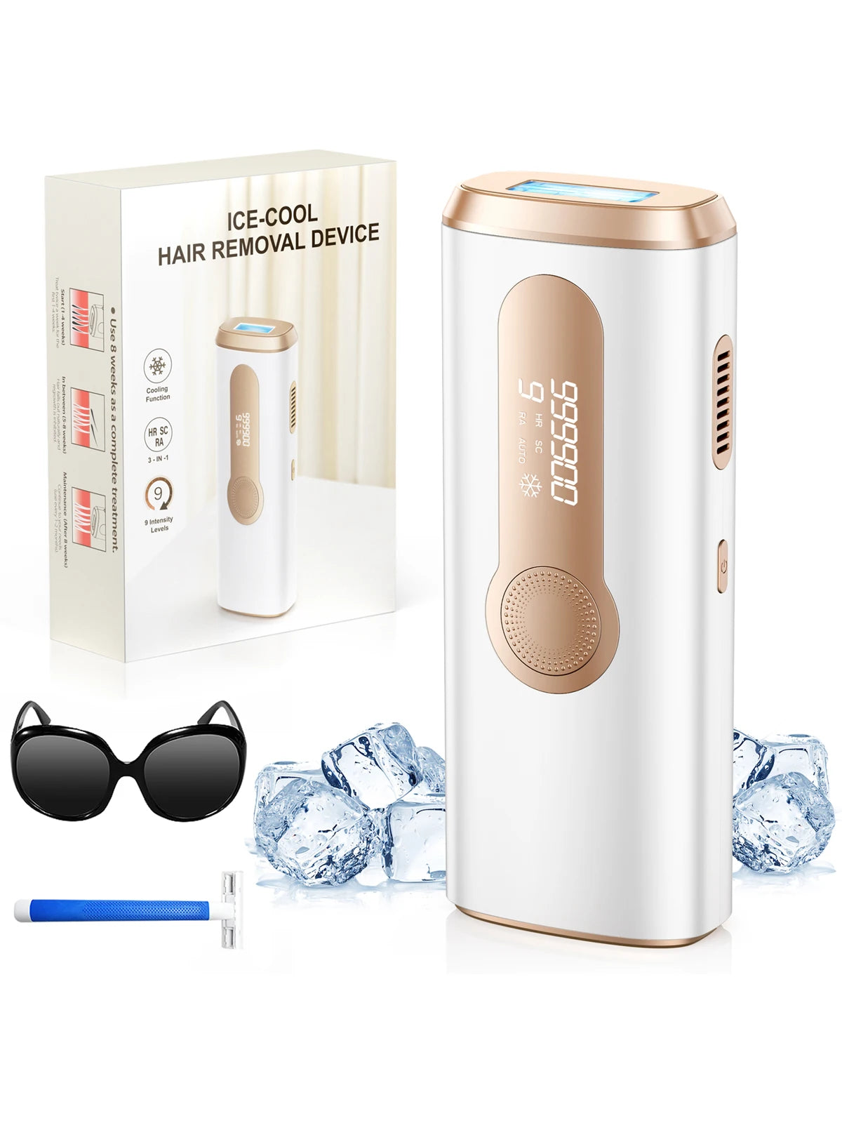 IPL hair removal device, white with rose-gold panel, boxed kit