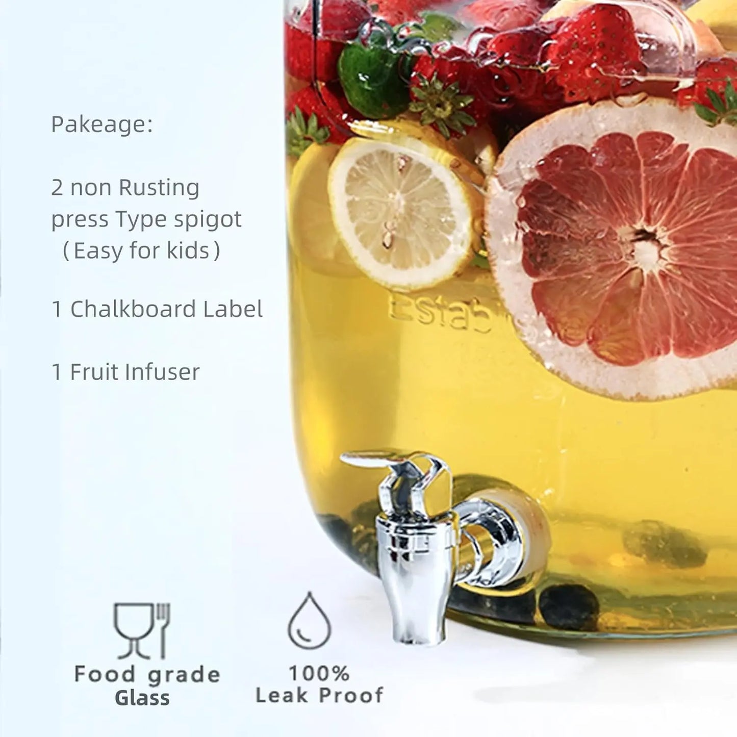 2 Gallon Glass Drink Dispenser for Parties with 2 Press Spigots and Fruit Infuser by S And B Enterprise