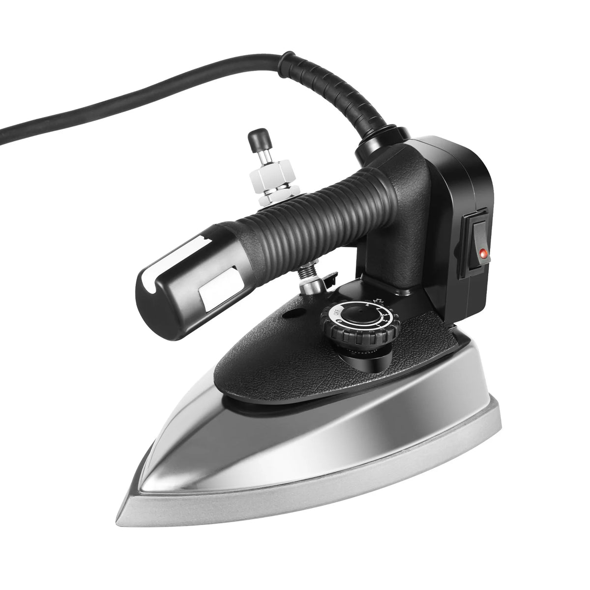 1200W electric steam iron with silver chrome soleplate, black handle, hose, and control dial