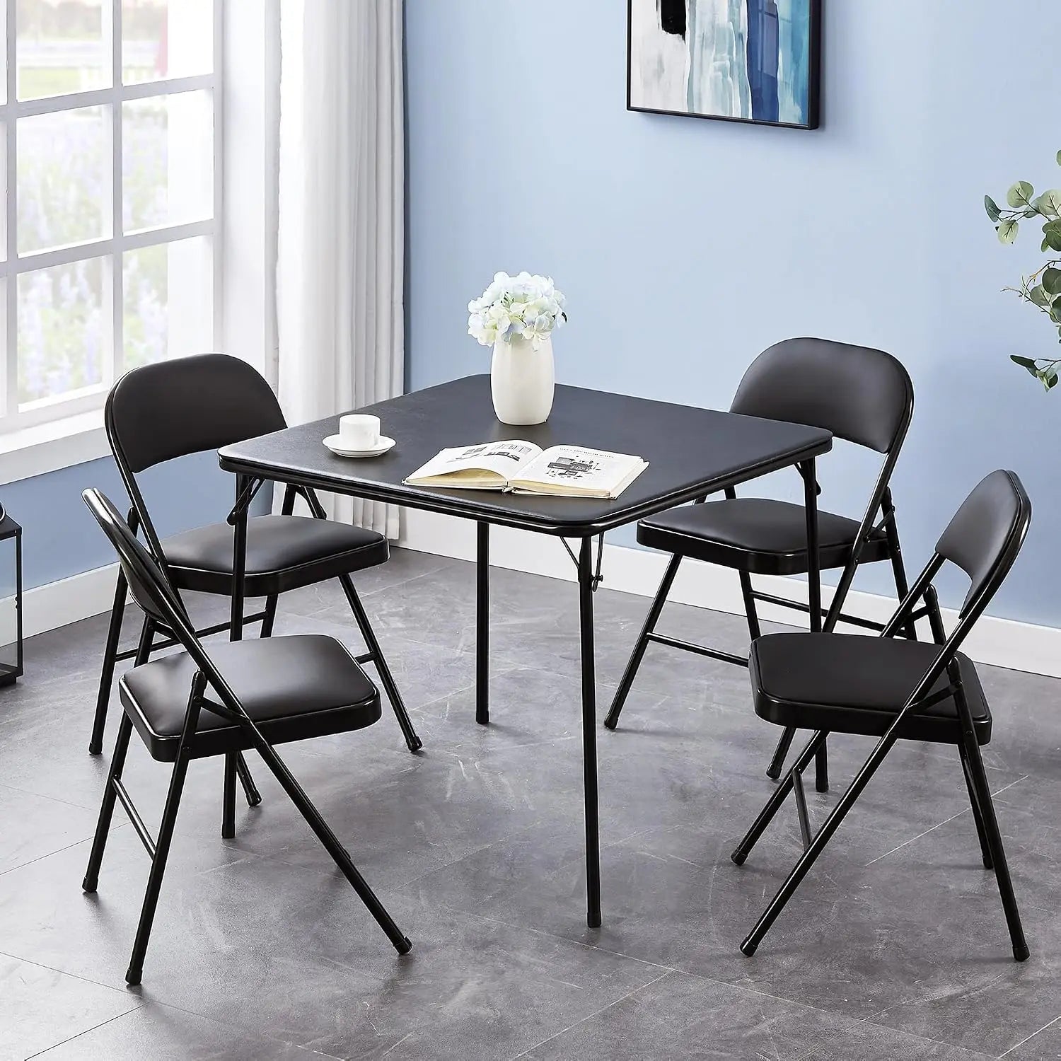 5-Piece Folding Card Table & Chair Set with Padded Top, No Assembly Needed, Black by S And B Enterprise
