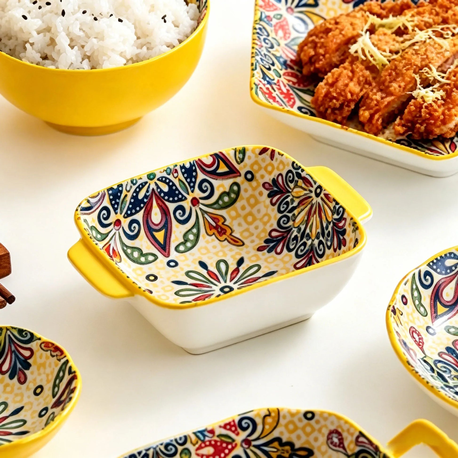 2Only15.24 Bohemian-Style Ceramic Salad Bowl/Pasta Bowl, Reusable Dessert Container with Handle/ Snack Bowl, Boho Tableware by S And B Enterprise