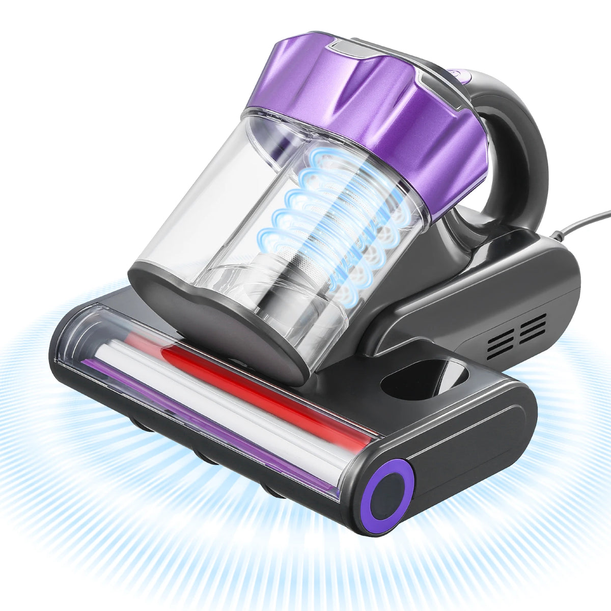 SucceBuy handheld mattress vacuum with purple housing and dual dust bin.