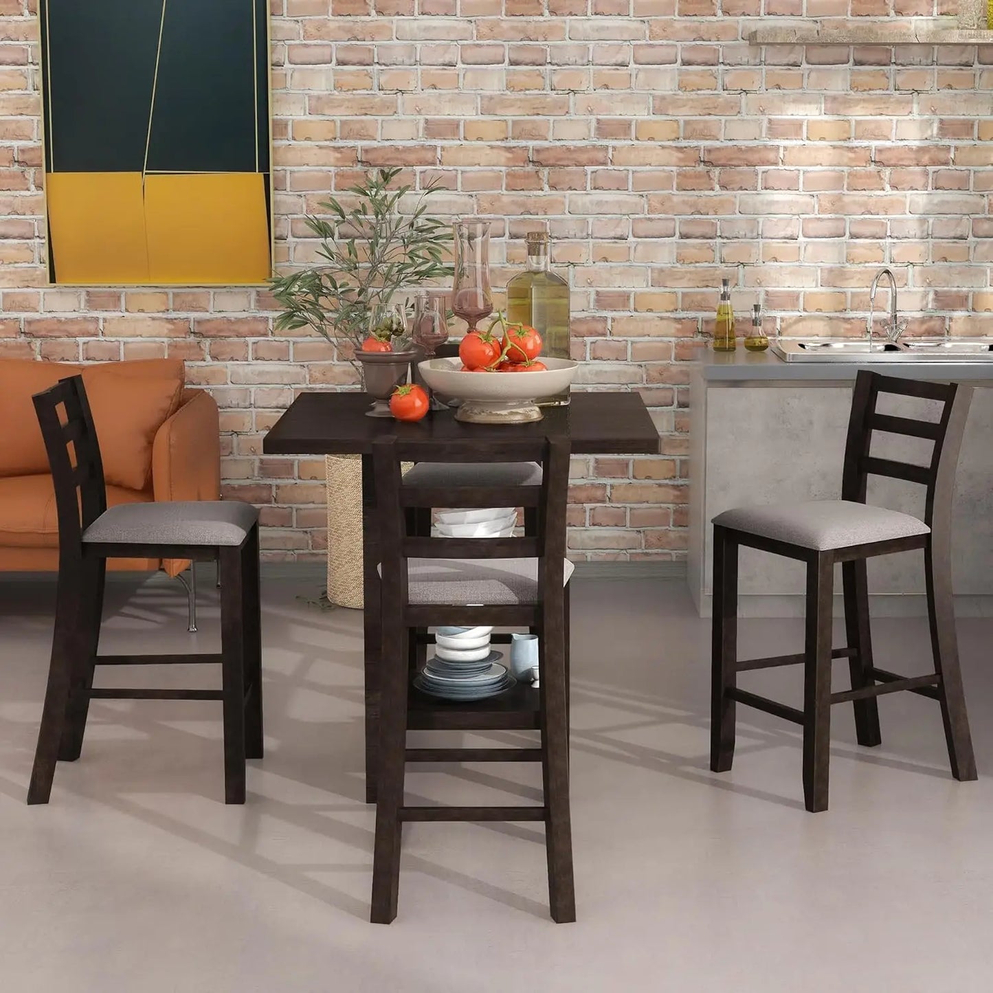 5 Piece Kitchen Dining Table Set with Padded Chairs for 4 Solid Wood Dining Room Table Set with Shelves for Storage, Gray