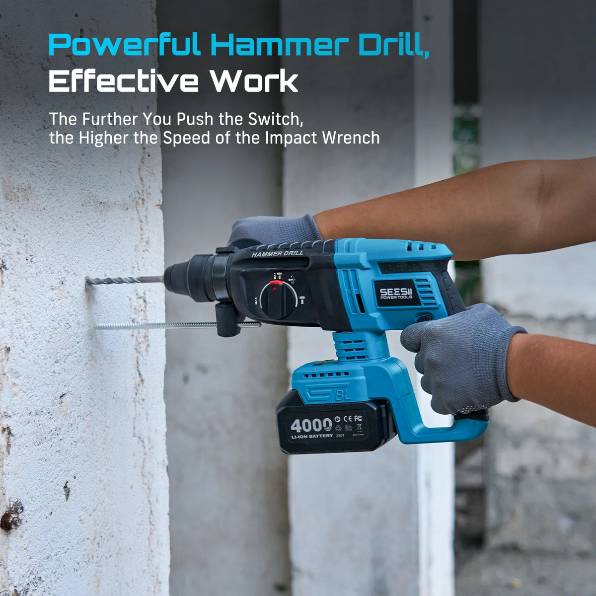 Seesii cordless hammer drill with blue body and 4000mAh Li-ion battery drilling into concrete