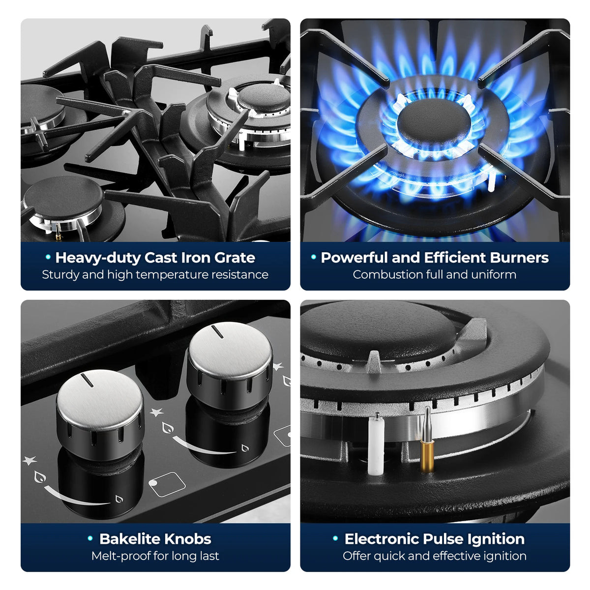 30-inch gas cooktop by S And B Enterprise, black glass top with 5 burners and cast-iron grates