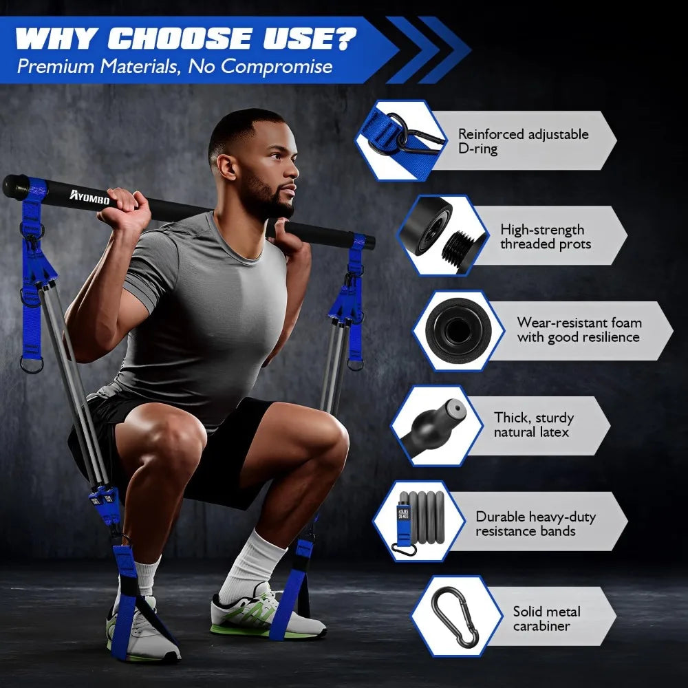 Portable Heavy-Duty Pilates Bar Kit with Resistance Bands in blue by S And B Enterprise