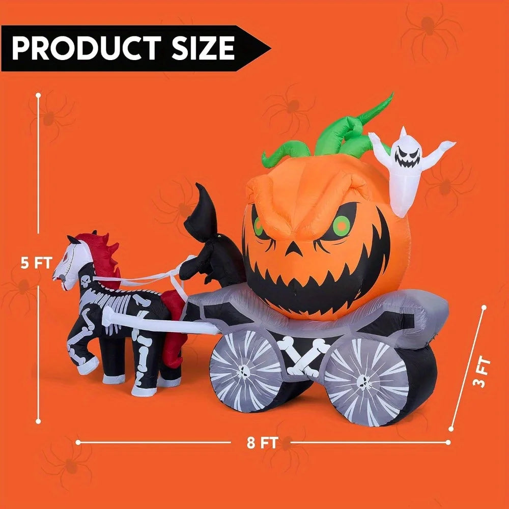 orange pumpkin carriage inflatable with built-in LEDs and skeletal horse, 8 ft long for Halloween yard decor.