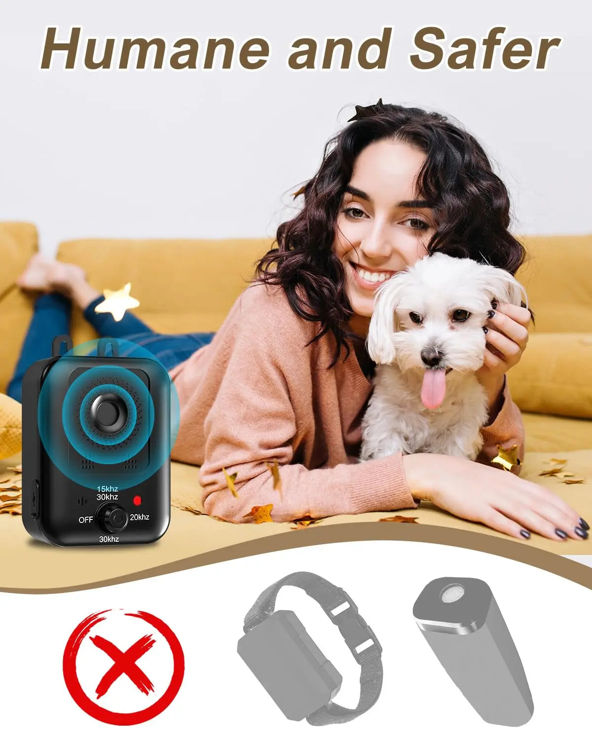 Automatic anti-barking device by S And B Enterprise, rechargeable ultrasonic dog deterrent for indoor and outdoor use.