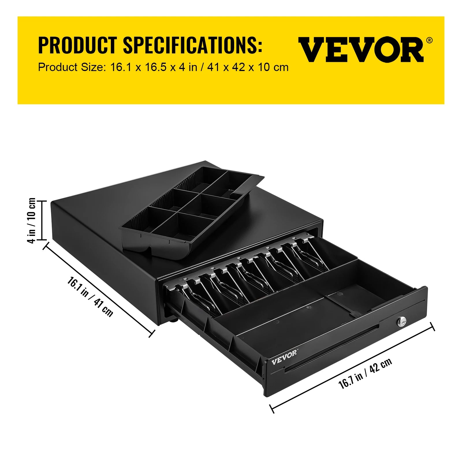 SucceBuy cash register drawer, black metal 16in wide with removable coin tray, 2 keys, RJ11/RJ12 cable; VEVOR logo visible