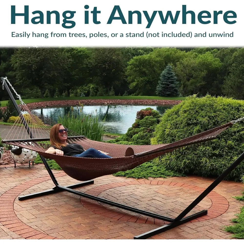 Heavy Duty Double Rope Hammock or Outside, 600 lb acity | Mocha, 75" x 55" Bed, Sot-Spun Polyester, Wood Spreader Bars, 2-Person by S And B Enterprise
