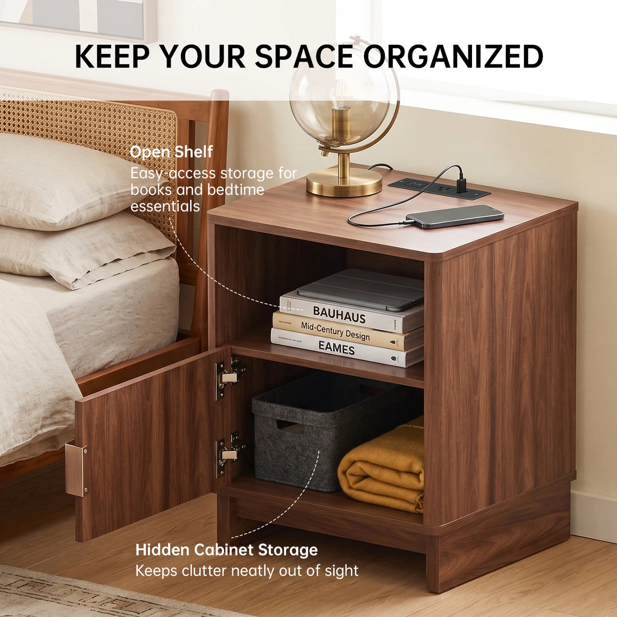 TinyNest Nightstand by S And B Enterprise; wood finish with open shelf, hidden cabinet, 2 outlets, USB-A, USB-C