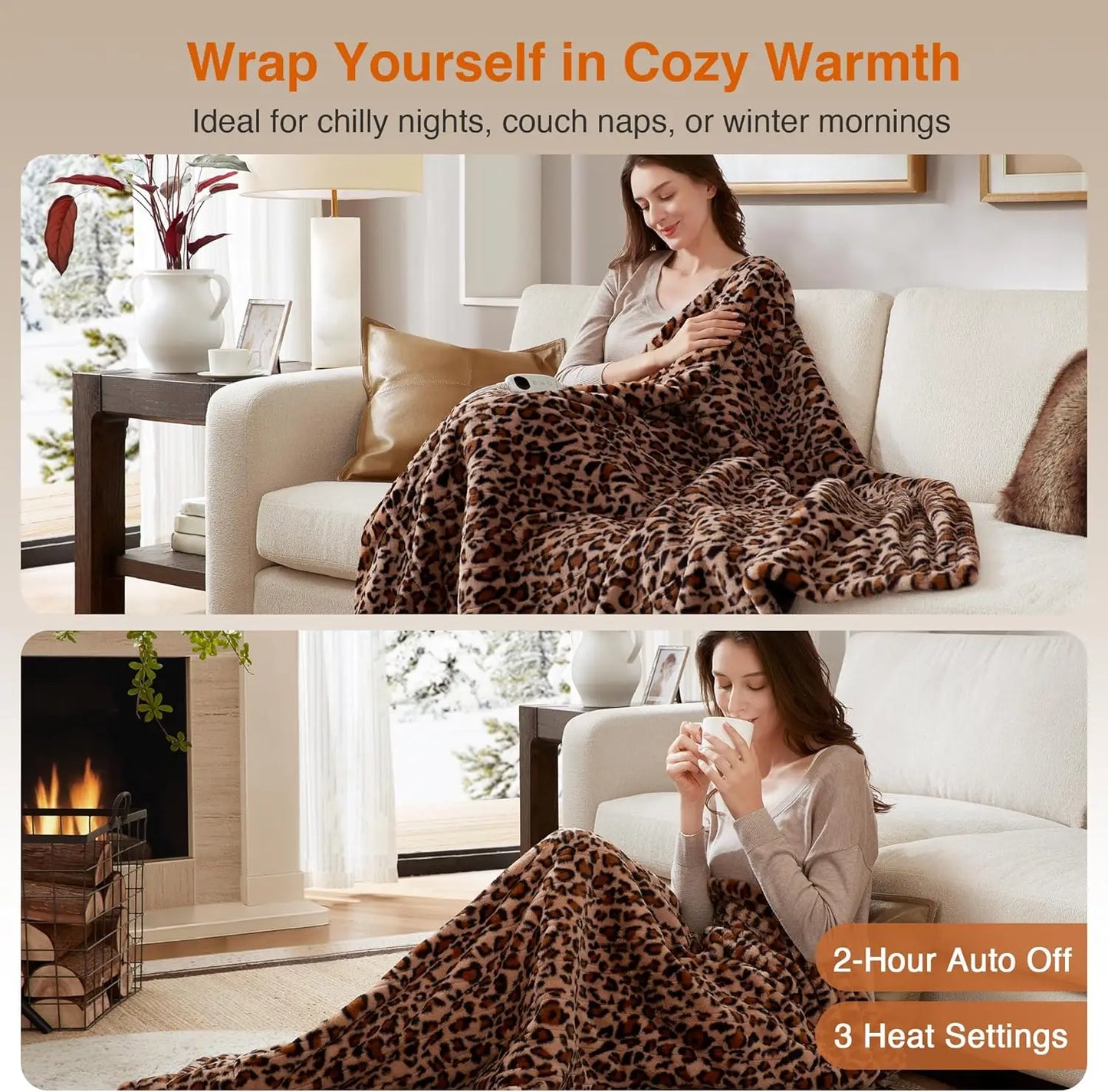 Leopard Print Electric Heated Throw Blanket With Auto Shut Off