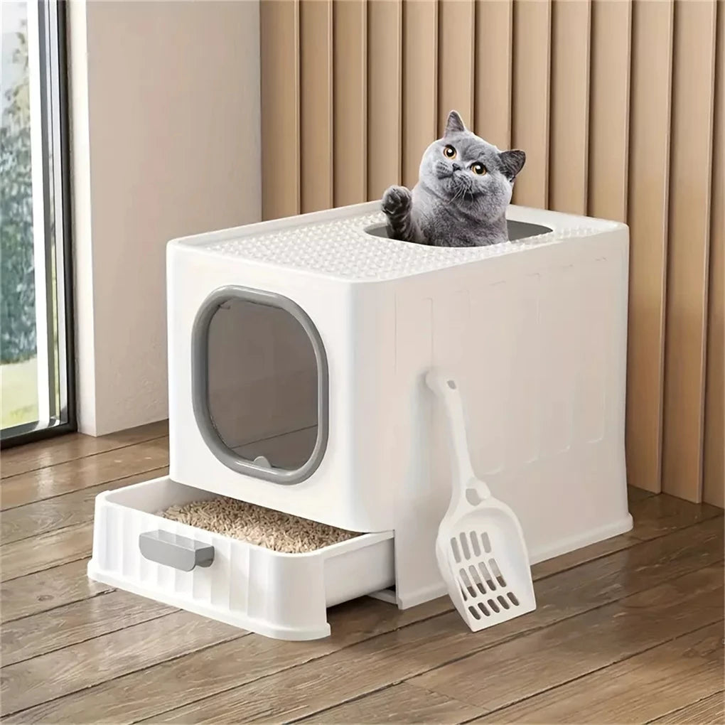 Leak-Proof Enclosed Cat Litter Box With Drawer Scoop Lid