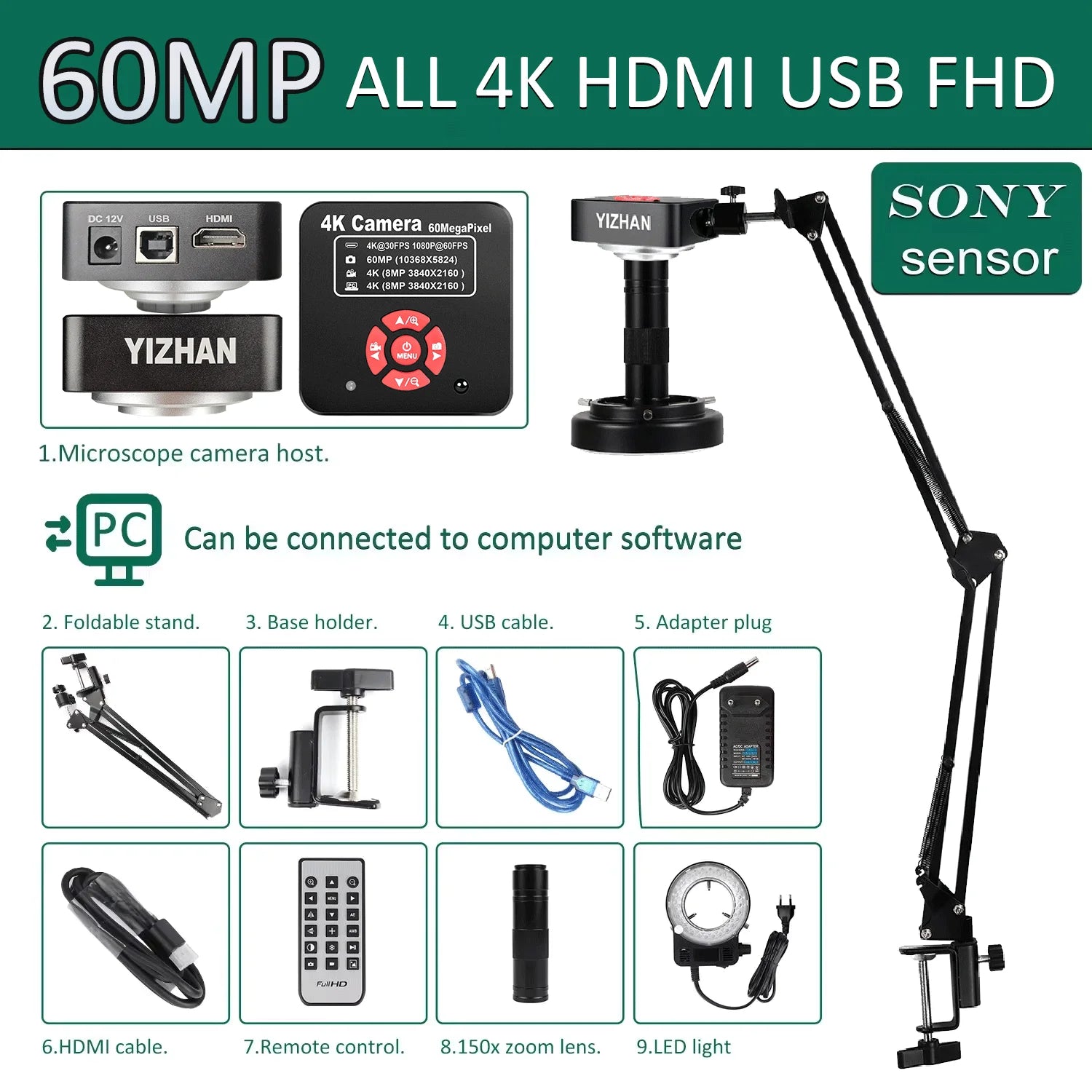 YIZHAN soldering microscope kit with 4K HDMI/USB camera and 9 accessories, adjustable stand
