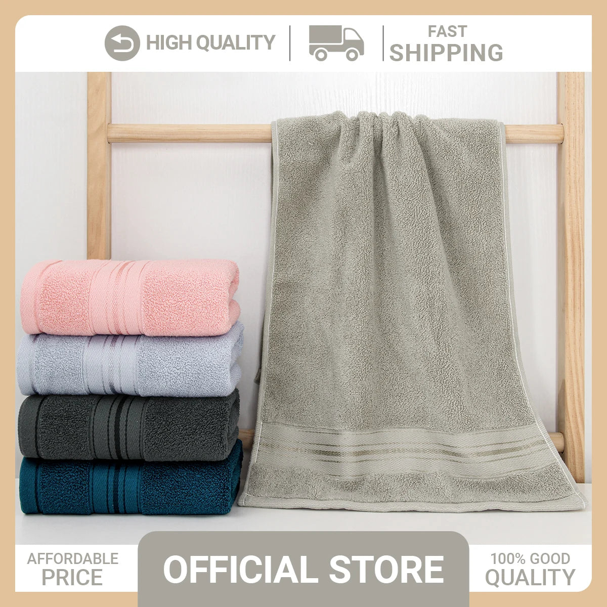 S And B Enterprise 4-piece luxury pure cotton towel set; beige bath towel draped over rack with pink, lavender, gray and teal towels.