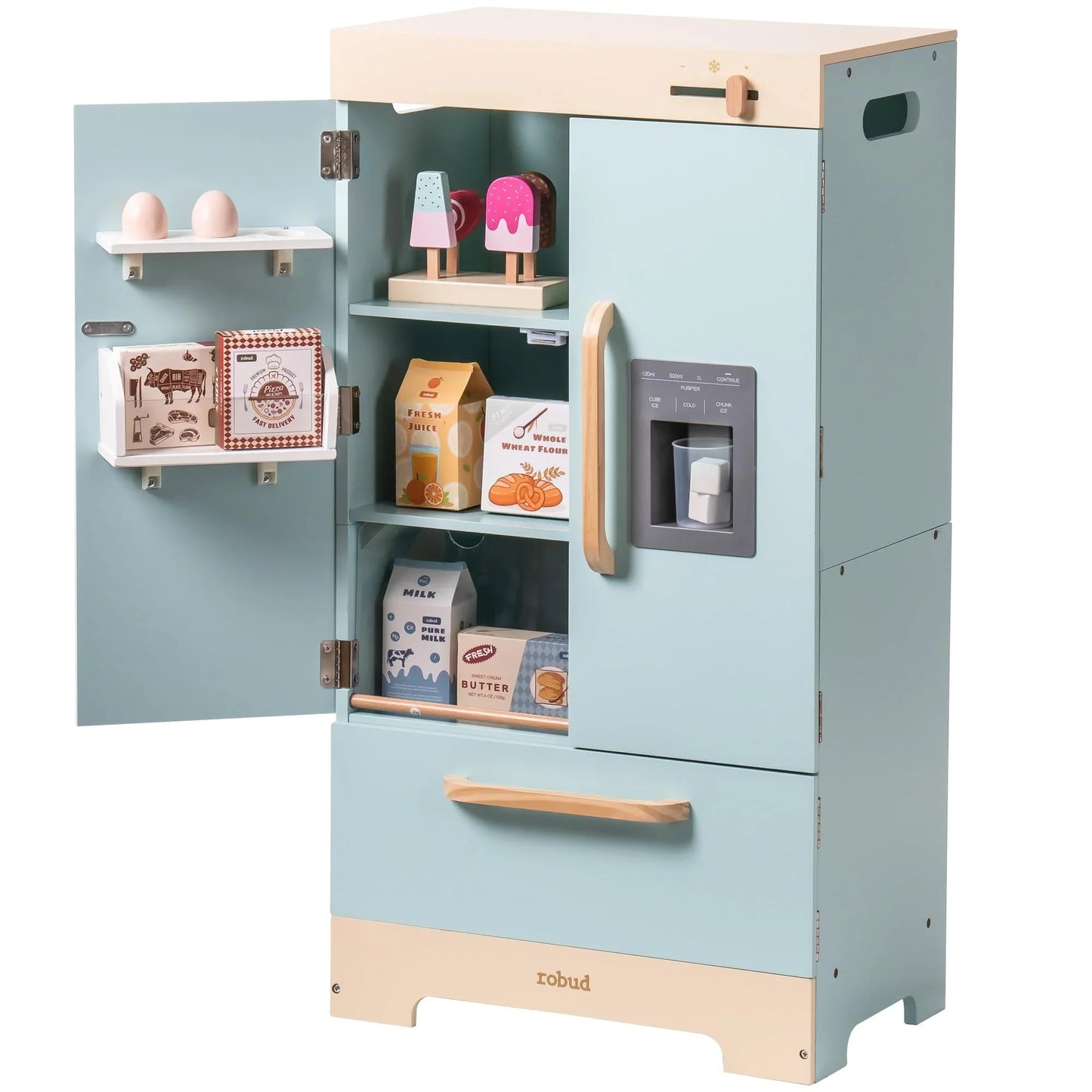 Robotime Robud Play Kitchen Fridge Refrigerator with Ice Dispenser Wooden Kids Play Kitchen Playset Toy for Ages 3+Blue by S And B Enterprise