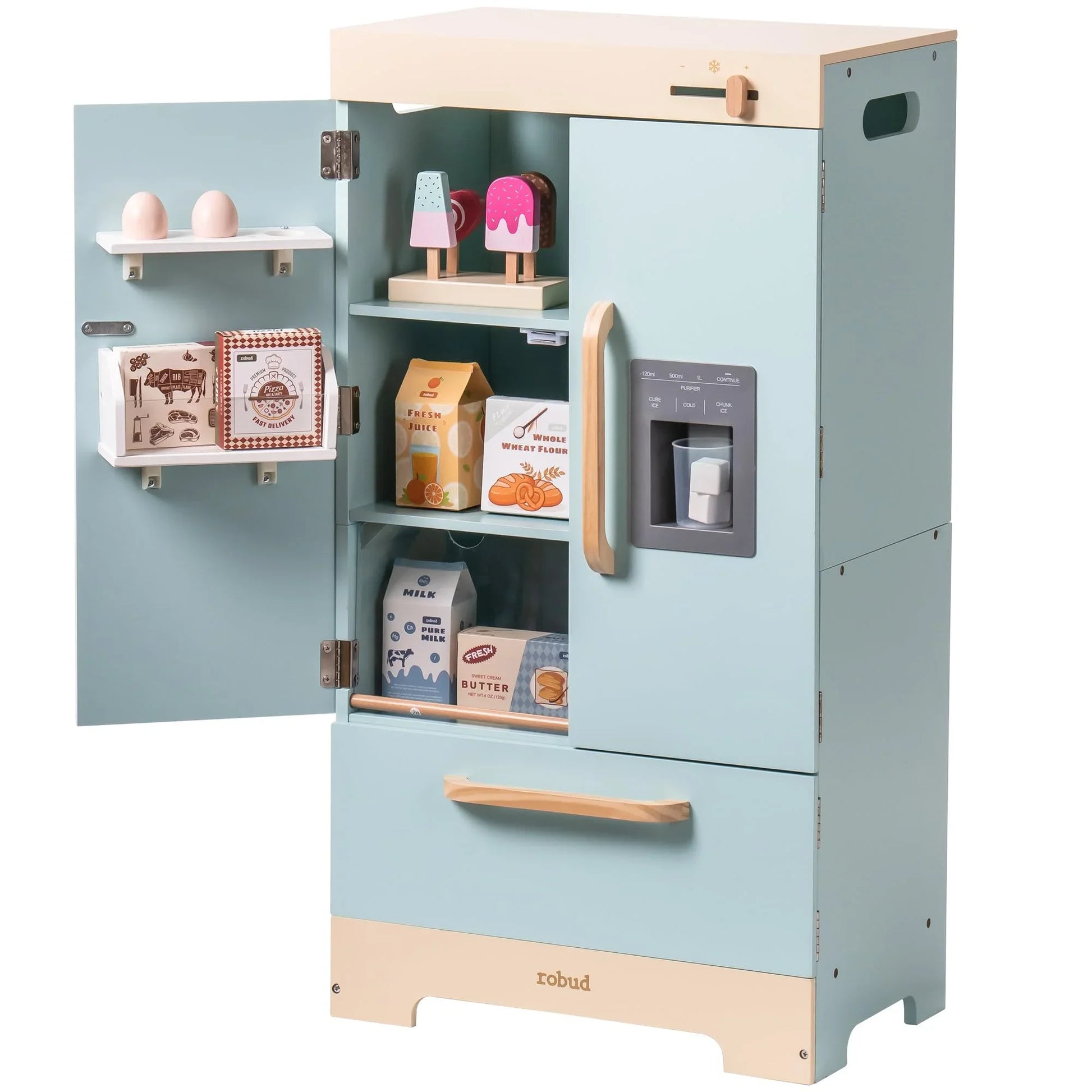 Robotime Robud Play Kitchen Fridge Refrigerator with Ice Dispenser Wooden Kids Play Kitchen Playset Toy for Ages 3+Blue by S And B Enterprise