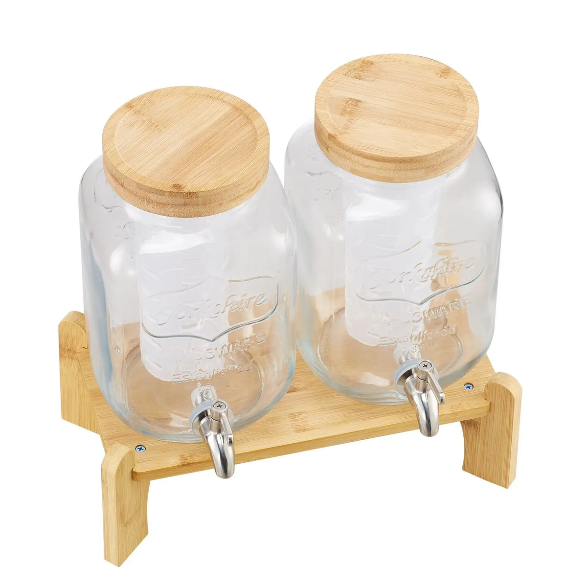 Beverage dispensers: two 1-gallon glass jars with bamboo lids on a wooden stand with metal spigots.